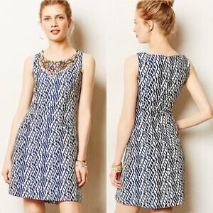 Anthropologie Mulberry Road Navy Jacquard Beaded Neckline Dress 8
